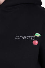 WOMENS CHERRY RHINESTONE HOODIE BLACK