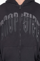 LAYERED RHINESTONE PRINT ZIP HOODIE BLACK