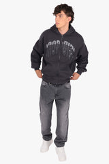 LAYERED RHINESTONE PRINT ZIP HOODIE BLACK