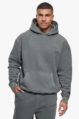 HEAVY OVERSIZE HD LOGO HOODIE ACID WASHED LIGHT GREY