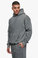 HEAVY OVERSIZE HD LOGO HOODIE ACID WASHED LIGHT GREY