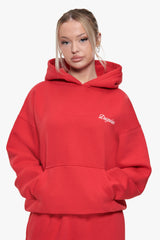 WOMEN CONTRAST EMBO HOODIE RED