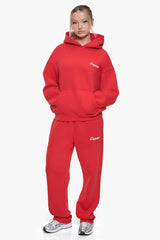 WOMEN CONTRAST EMBO HOODIE RED