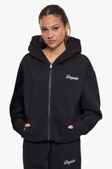 WOMEN CONTRAST EMBO ZIP HOODIE BLACK