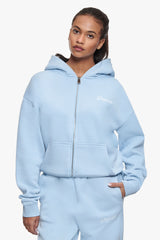 WOMEN CONTRAST EMBO ZIP HOODIE BABY BLUE