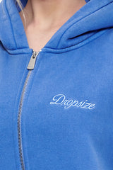 WOMEN CONTRAST EMBO ZIP HOODIE WASHED BLUE