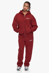 WOMEN CONTRAST EMBO ZIP HOODIE CRANBERRY