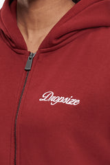 WOMEN CONTRAST EMBO ZIP HOODIE CRANBERRY