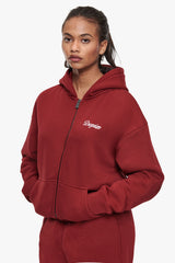 WOMEN CONTRAST EMBO ZIP HOODIE CRANBERRY