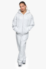 WOMEN CONTRAST EMBO ZIP HOODIE GREY MELANGE