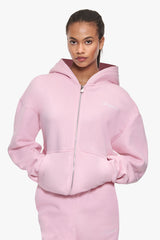 WOMEN CONTRAST EMBO ZIP HOODIE LIGHT PINK