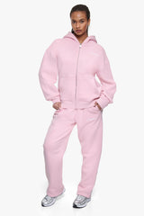 WOMEN CONTRAST EMBO ZIP HOODIE LIGHT PINK