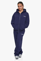 WOMEN CONTRAST EMBO ZIP HOODIE NAVY