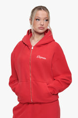 WOMEN CONTRAST EMBO ZIP HOODIE RED