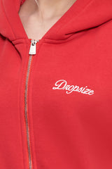 WOMEN CONTRAST EMBO ZIP HOODIE RED