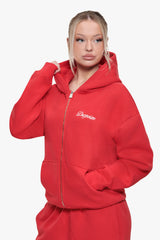 WOMEN CONTRAST EMBO ZIP HOODIE RED