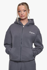 WOMEN CONTRAST EMBO ZIP HOODIE STEEL GREY