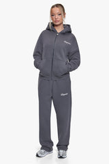 WOMEN CONTRAST EMBO ZIP HOODIE STEEL GREY