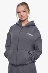 WOMEN CONTRAST EMBO ZIP HOODIE STEEL GREY