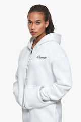 WOMEN CONTRAST EMBO ZIP HOODIE WHITE