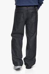 PLEATED WAXED DENIM LOOSE FIT JEANS BLACK