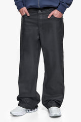 PLEATED WAXED DENIM LOOSE FIT JEANS BLACK