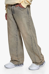 PLEATED RELAXED FIT JEANS WASHED BEIGE