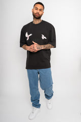 HEAVY OVERSIZE WHITE DOVES T-SHIRT WASHED BLACK
