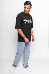 HEAVY OVERSIZE WHITE LOGO PUFFER PRINT T-SHIRT WASHED BLACK
