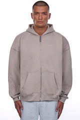 HEAVY OVERSIZE LOGO ZIP HOODIE PUMICE STONE