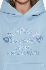 HEAVY OVERSIZE PRAY LOVE HUSTLE EMBO HOODIE BABY BLUE