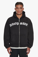 SUPER HEAVY OVERSIZE MID FRONT EMBO ZIP HOODIE BLACK