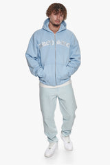 SUPER HEAVY OVERSIZE MID FRONT EMBO ZIP HOODIE BABY BLUE