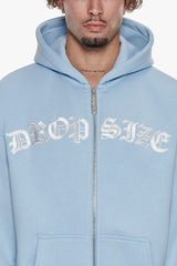 SUPER HEAVY OVERSIZE MID FRONT EMBO ZIP HOODIE BABY BLUE