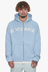 SUPER HEAVY OVERSIZE MID FRONT EMBO ZIP HOODIE BABY BLUE
