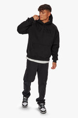 HEAVY OVERSIZE FLAT FRONT EMBO HOODIE BLACK