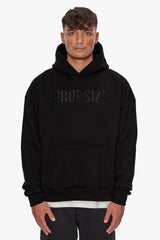 HEAVY OVERSIZE FLAT FRONT EMBO HOODIE BLACK
