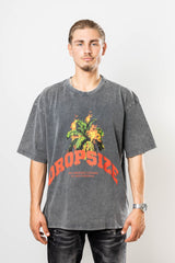 Burning Palm Design Heavy T-Shirt Acid Washed Black